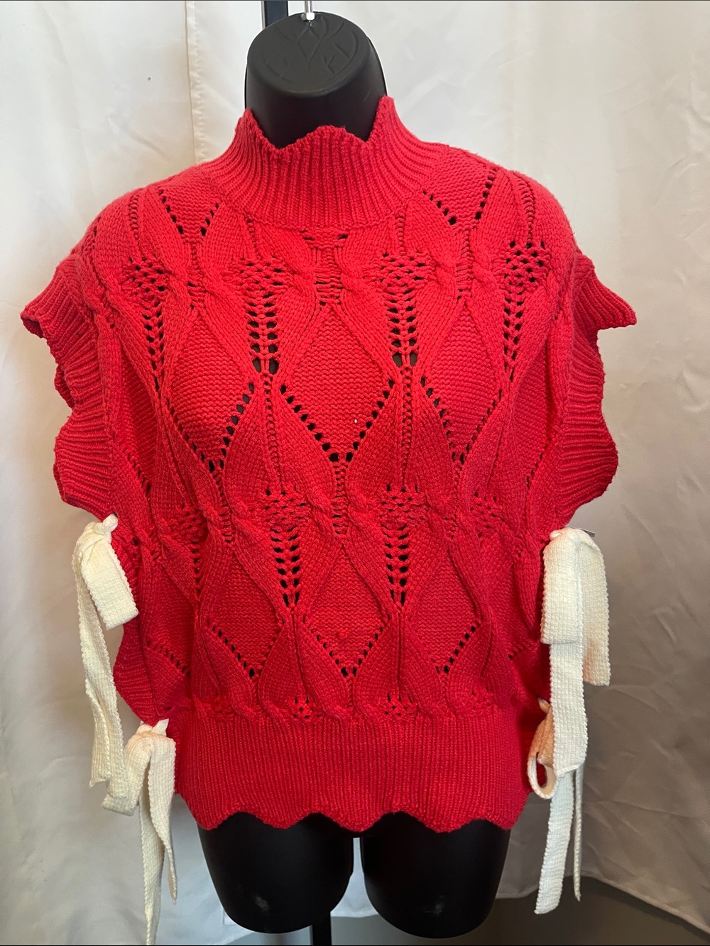 fab'rik Red Openwork Knit Cowl Neck Sweater with Cream Tie Accents